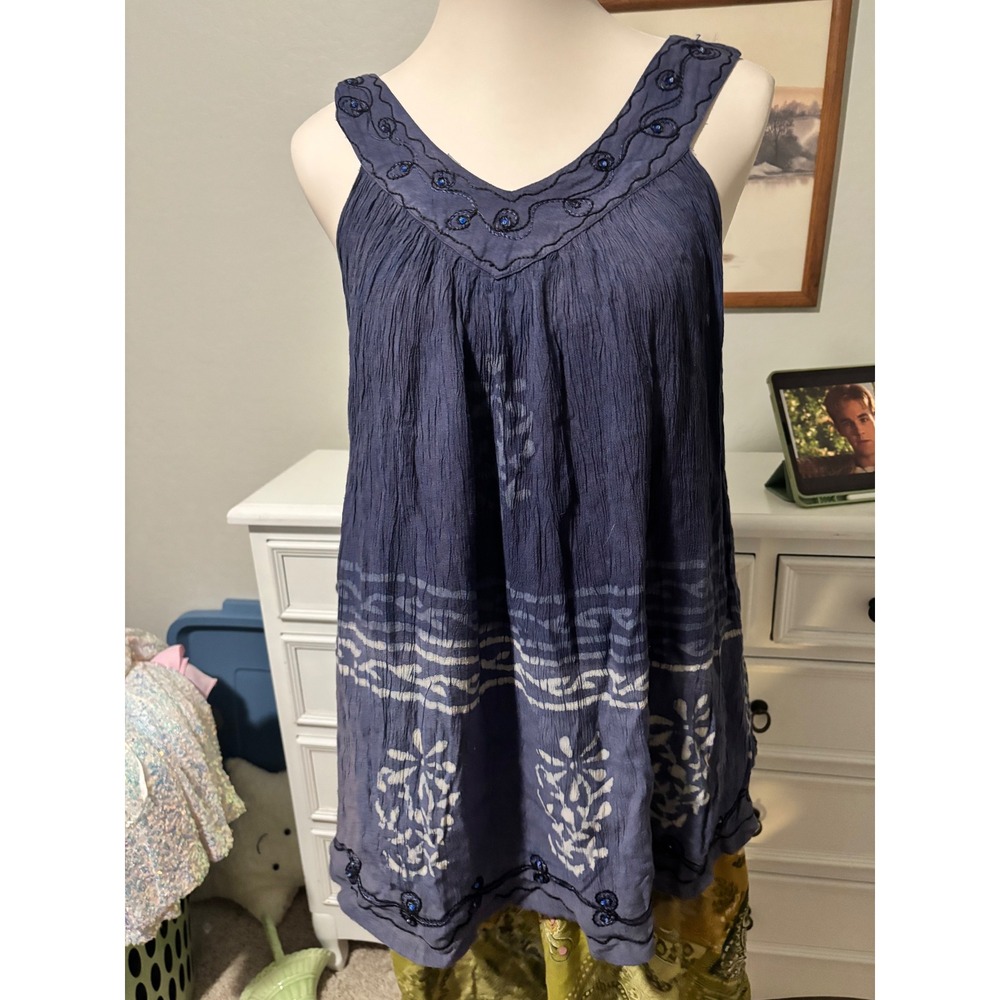 Boho Embroidered Tunic Top Just Cruising Blue Crinkle Gauze Beaded Sleeveless OS